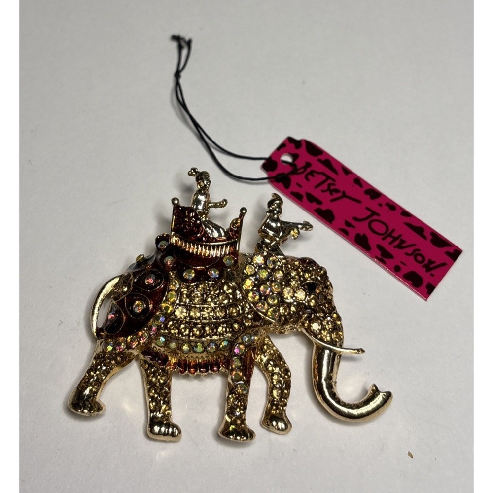 NWT Betsey Johnson Gold Elephant Riders Brooch AB Rhinestone Trunk Up Pin 3"